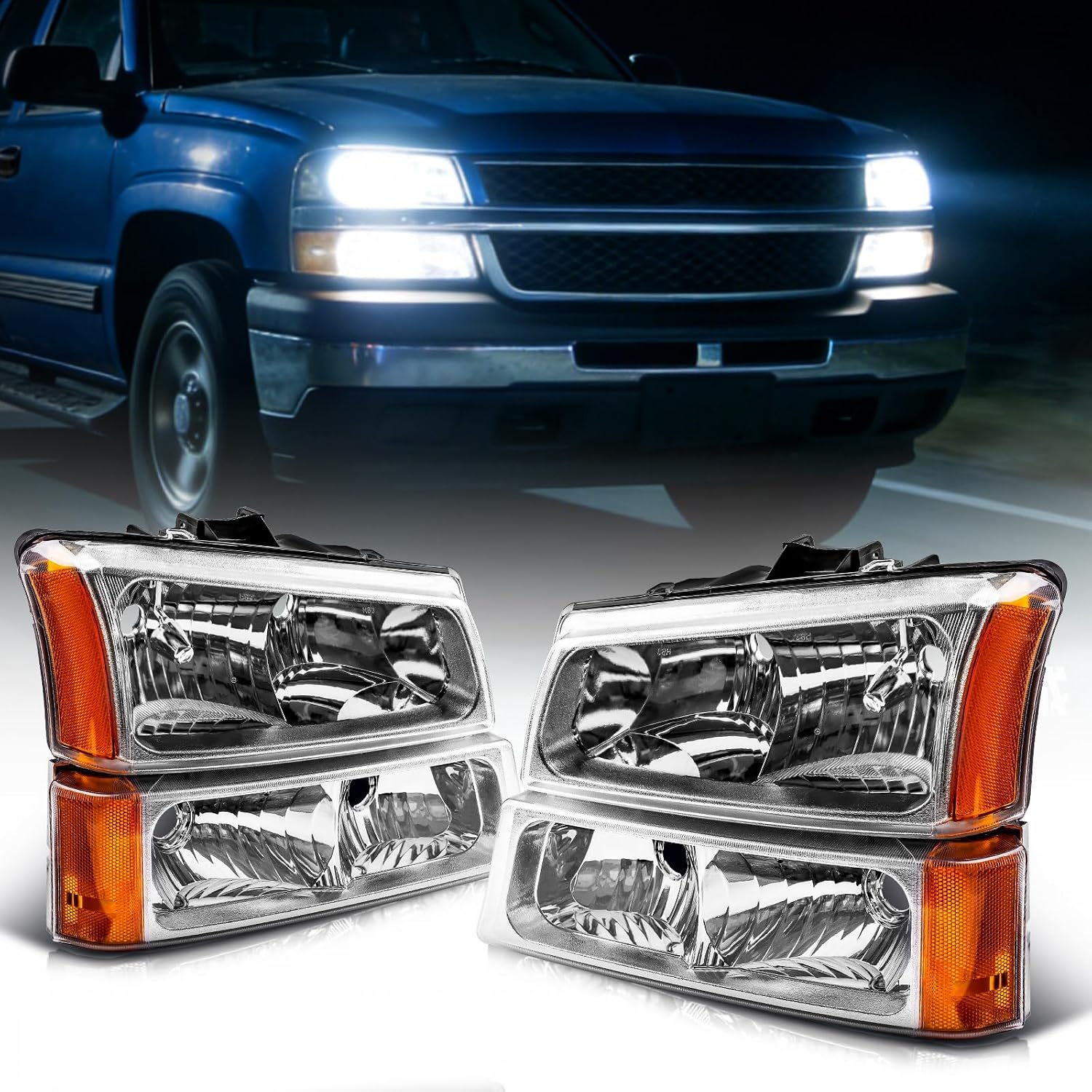 Headlights Assembly Compatible with 2003-2006 Chevry Silverado 1500 | for 2005-2006 Avalanche 1500, OE Halogen Headlamps