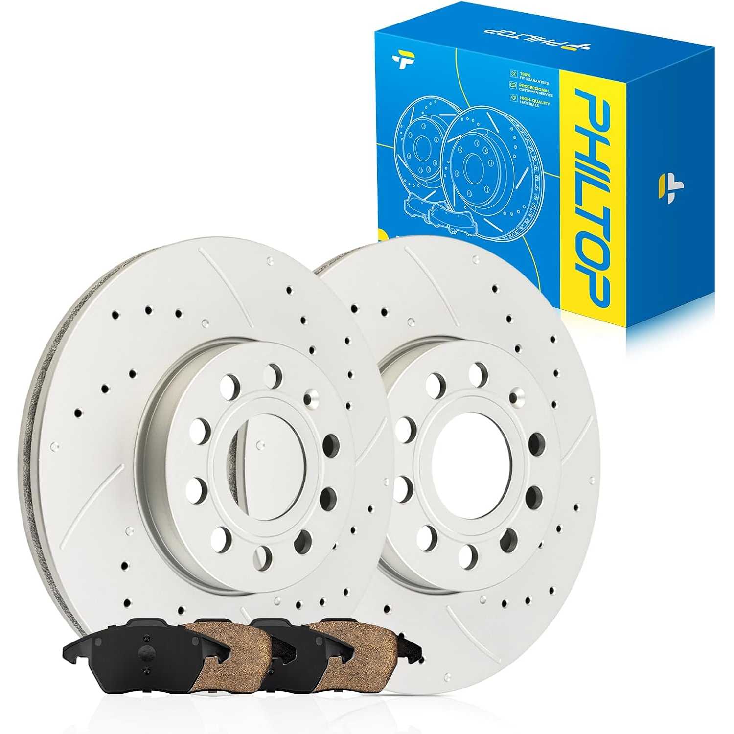 Front Brake Pads and Rotors Kit, OE Drilled & Slotted Rotors and Ceramic Brake Pads for Volkswagen 2005-2014 Jetta