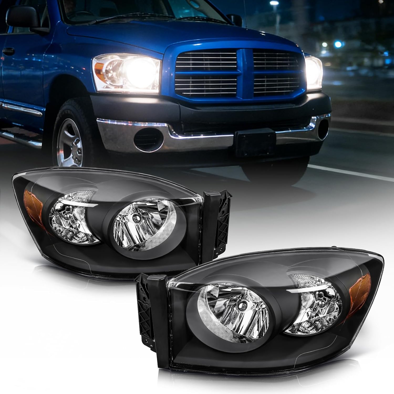 Headlight Assembly fit for 2007-2008 Dodge Ram 1500 | fit for 2007-2009 Ram 2500, 2007-2009 Ram 3500, Amber Reflector