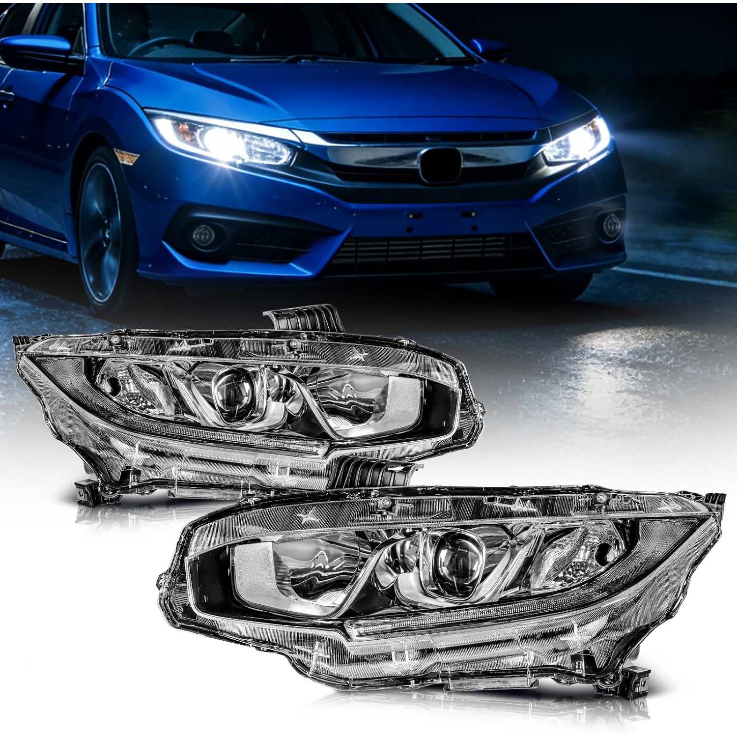 Projector Headlight Assembly fit for 2017-2020 Honda Civic 2.0L | fit for 2016 Civic, 2020 Civic 1.5T, Clear Reflector