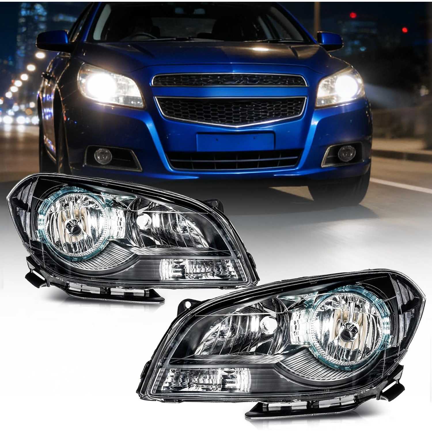 Headlight Assembly fit for 2008-2012 Chevy Malibu | OE Headlamp Assembly Black Housing Clear Reflector Halogen Headla...