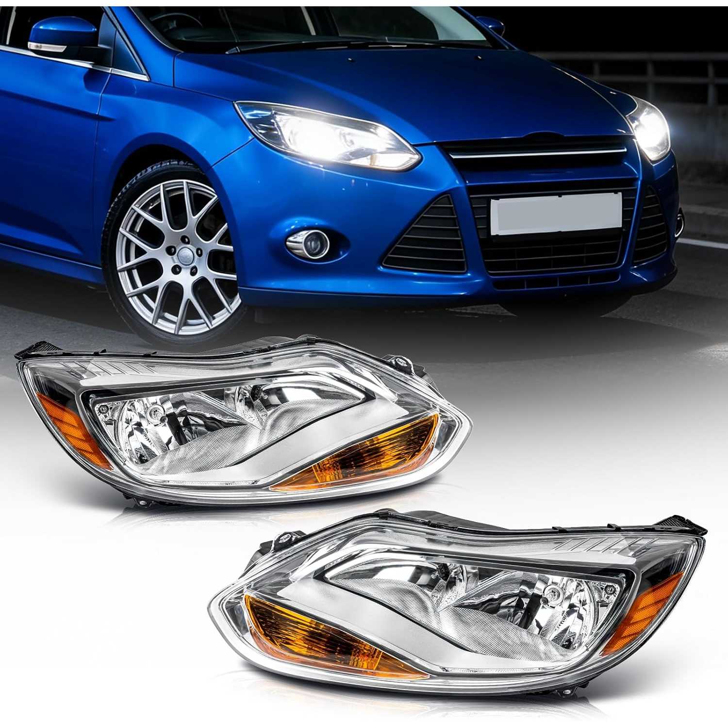 Headlights Assembly fit for 2012-2014 Ford Focus | Amber Reflector, Chrome Housing, Driver and Passenger Side