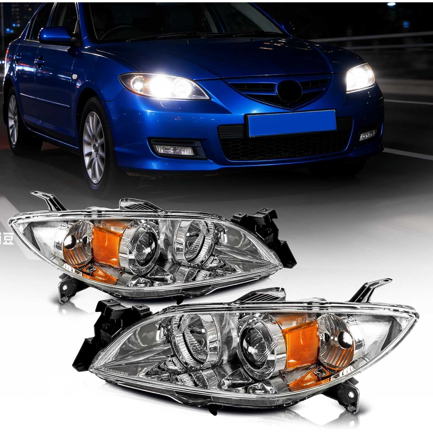 Projector Headlights Assembly fit for 2004-2009 Mazda 3 2.3L/2.0L | Amber Reflector, Chrome Housing