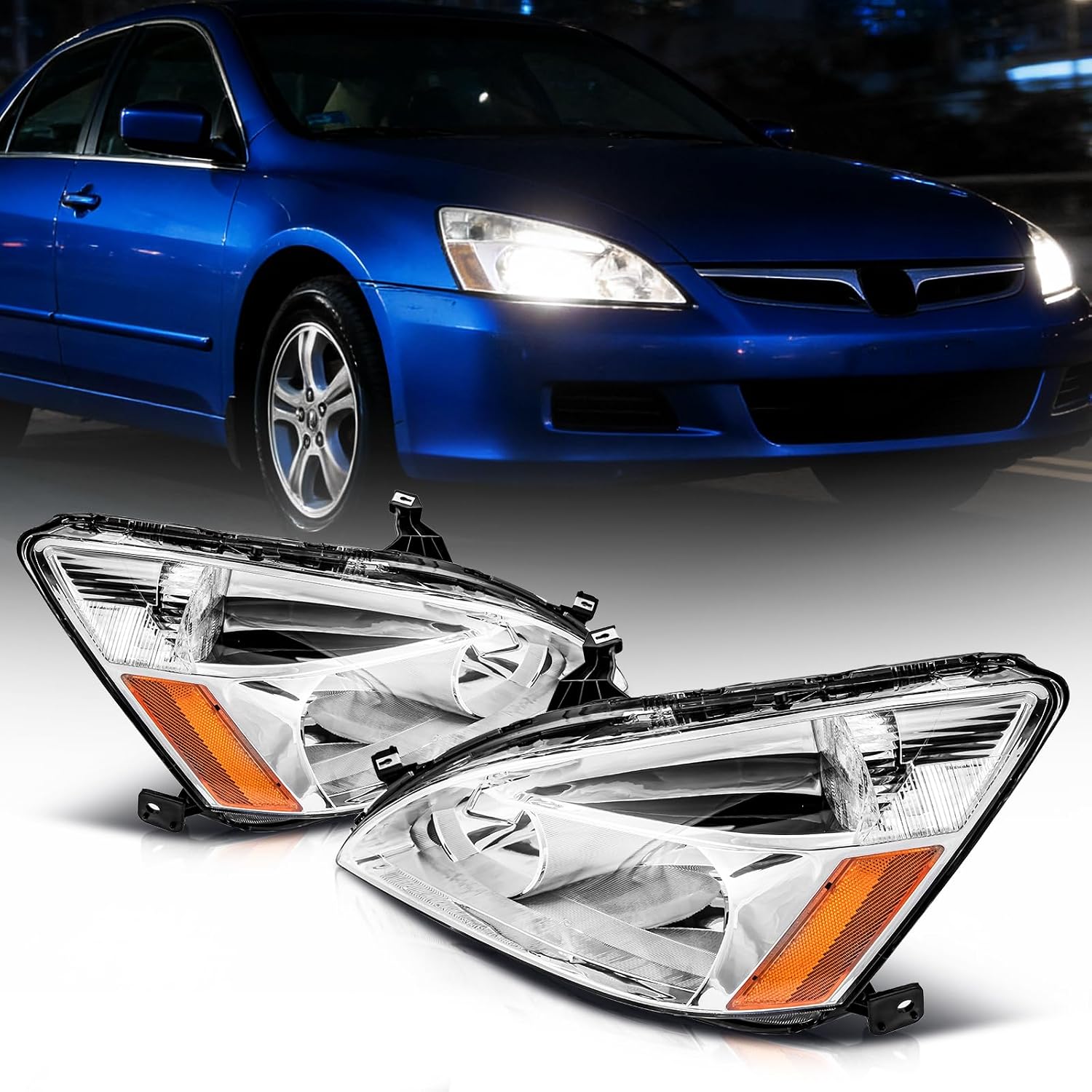 Headlight Assembly Compatible with 2003-2007 Honda Accord | Amber Reflector, Chrome Housing, Driver and Passenger Side