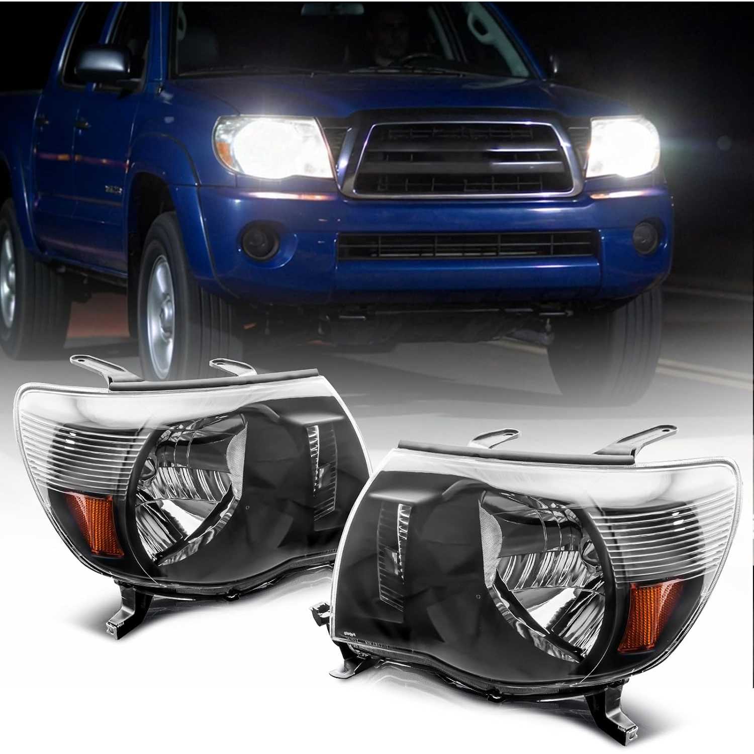 Headlight Assembly Compatible with 2005-2011 Toyota Tacoma | Amber Reflector, Black Housing, Driver and Passenger Side